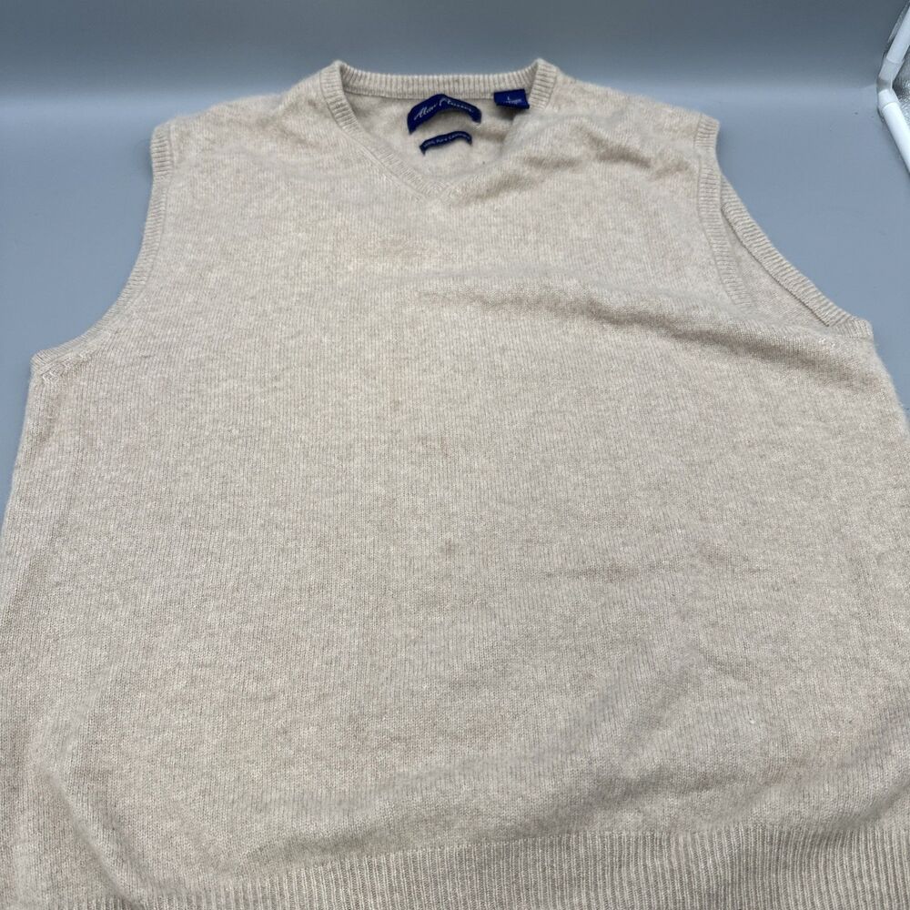 Alan Flusser Men's L Pullover Preppy V-Neck Vest Sweater Pure Cashmere Tan Beige